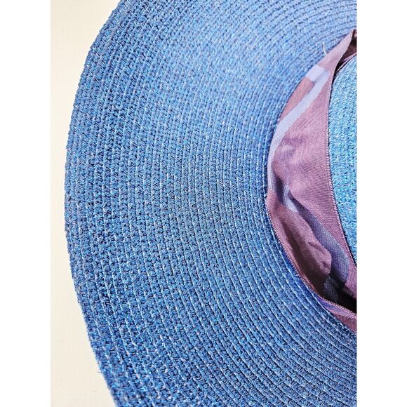 Vintage Georgi Sapphire Blue Straw Raffia Wide Brim Bow Accent Boater Derby Hat main image 4